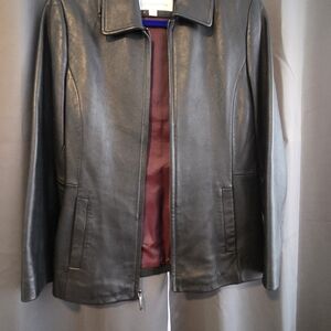 Classic Black Leather Jacket with Burgundy Lining